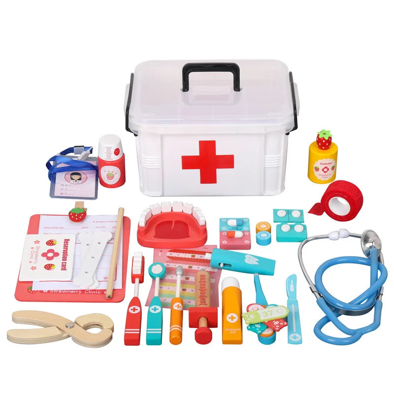 Wooden doctor play house toy set simulation stethoscope injection play enlightenment role-playing game interactive toy