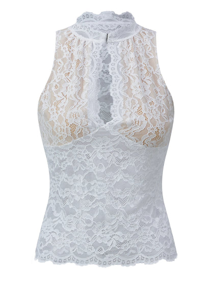Women Kawaii Harajuku Retro Tank Tops Cut Out Mockneck Sleeveless Slim Fit Vest Trendy Summer Lace Corset Streetwear