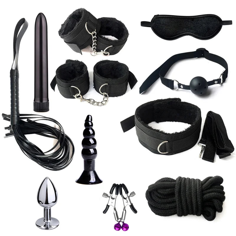 Sex Bondage Set Plush Sex Toy BDSM Kits for Women Couples Adult Games Adjustable Handcuffs Ankle Whip Gag Nipple Clamps Toys