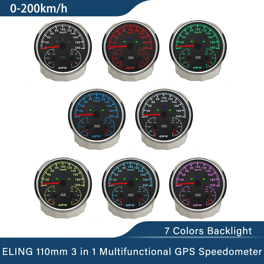 ELING 110mm 3 in 1 Multifunctional 120km/h 200MPH GPS Speedometer with Fuel Level Voltmeter 7 Colors Backlight for Car Universal