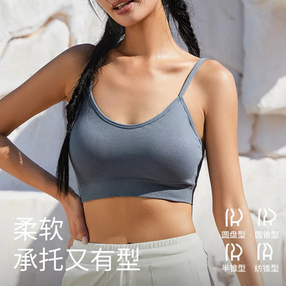 3PCS Women's Ribbed Cotton Bra With Chest Cushion Beautiful Back Sling Tank Top for Yoga Girl's Shock-absorbing Sports Underwear