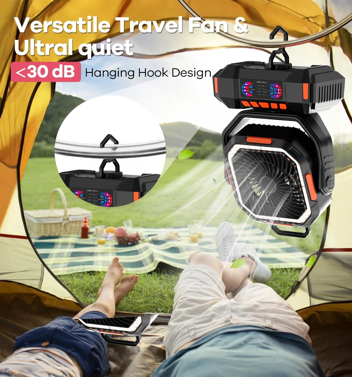 Camping Fan 40000mAh Battery Powered Fan Rechargeable  4 Speeds with LED Lantern -  Hanging Portable Outdoor cold fan Tent Fans