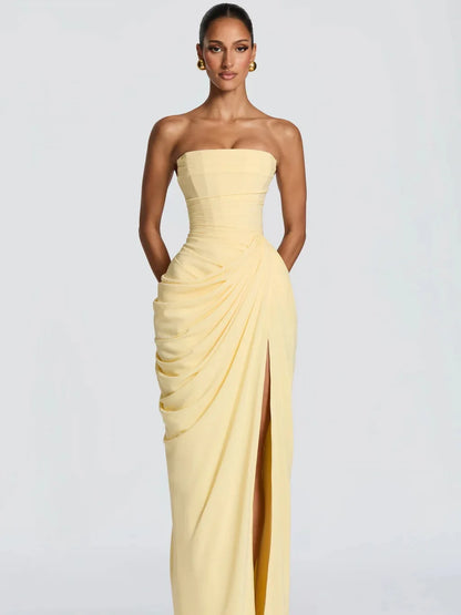 Women Sexy Solid Pleated Strapless Dress Lady Chic Off-shoulder Backless High Waist Split Dresses 2026 New Evening Party Gown