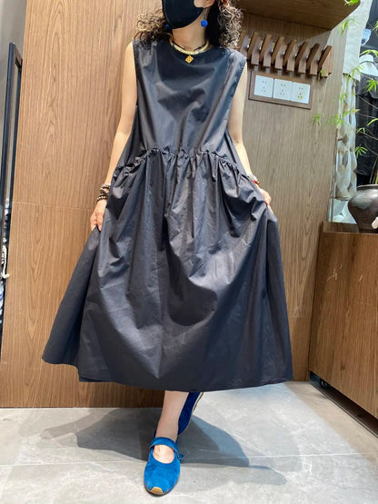 Minimalist Style Pleated Sleeveless Dress Women Black Waist-cinching Casual Long Dress Black XY335