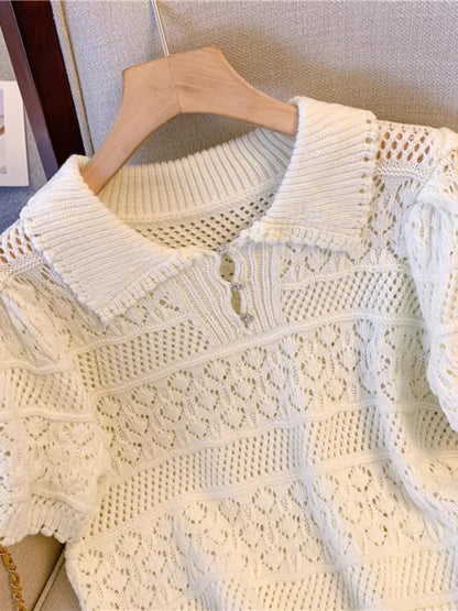 2024 New Hollow out Knitted Short Sleeve  Neck T-Shirt Women Summer Sweet And Spicy  Top Short Length Breathable