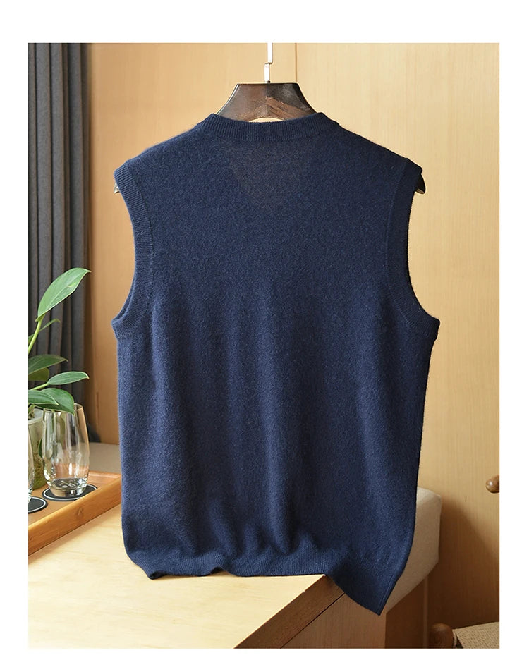 Autumn and Winter Men 100% Cashmere T-shirt V-neck Vest Simple Generous Wool Jumper Blue Soft Skin Breathable Men's Clothing