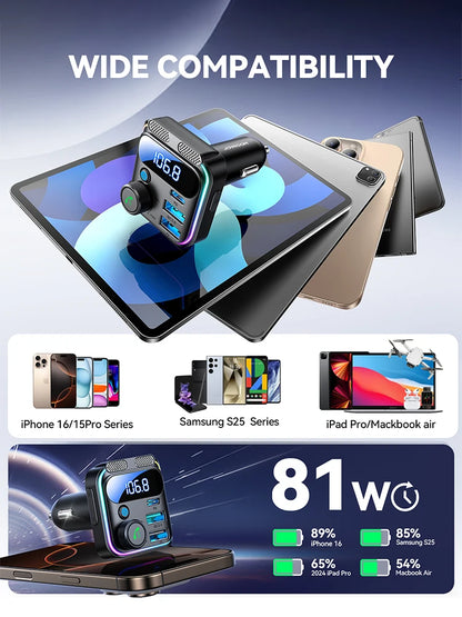 Joyroom 81W Fast Car Charger Bluetooth 6.0 FM Transmitter Wireless Radio Handsfree Calling Dual Mics Auto MP3 Player Car Charger