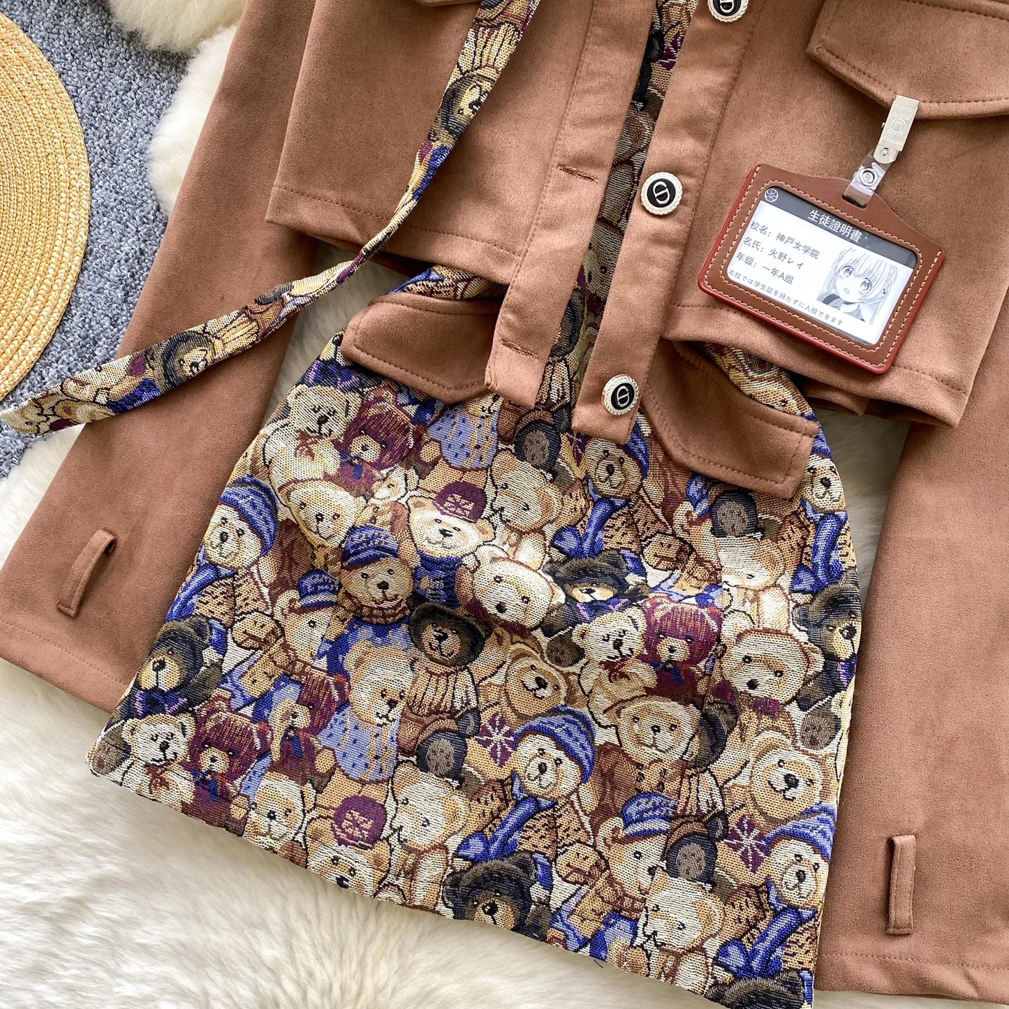 Ele Bear Embroidery Blouse And Skirt Set Women's Faionable ort Svel Suit Jaet High Waist Casual Workwear