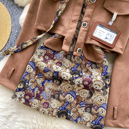 Ele Bear Embroidery Blouse And Skirt Set Women's Faionable ort Svel Suit Jaet High Waist Casual Workwear