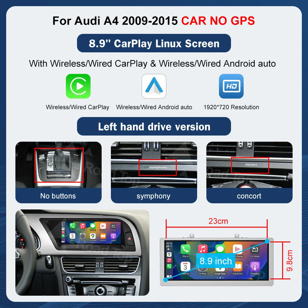 8.9 Inch 12.3"" Multimedia Display Touch Screen For Audi A4 S4 2009-2015 Airplay Miracast Function Wireless Carplay Android Auto