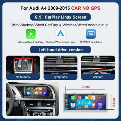 8.9 Inch 12.3"" Multimedia Display Touch Screen For Audi A4 S4 2009-2015 Airplay Miracast Function Wireless Carplay Android Auto