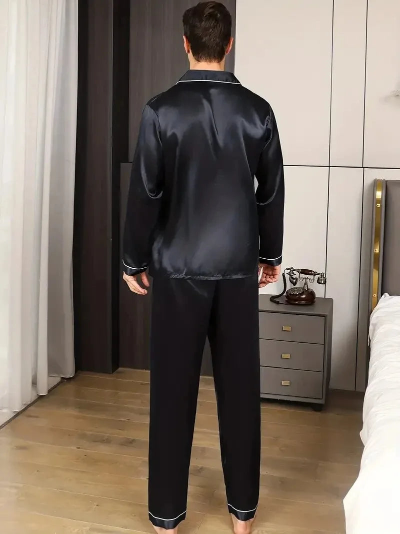 New Men Pajama Sets Spring Silk Satin Solid Color Men's Pajamas Big size Long Sleeve Pants Male Home Suit Sleepwear for Sleeping
