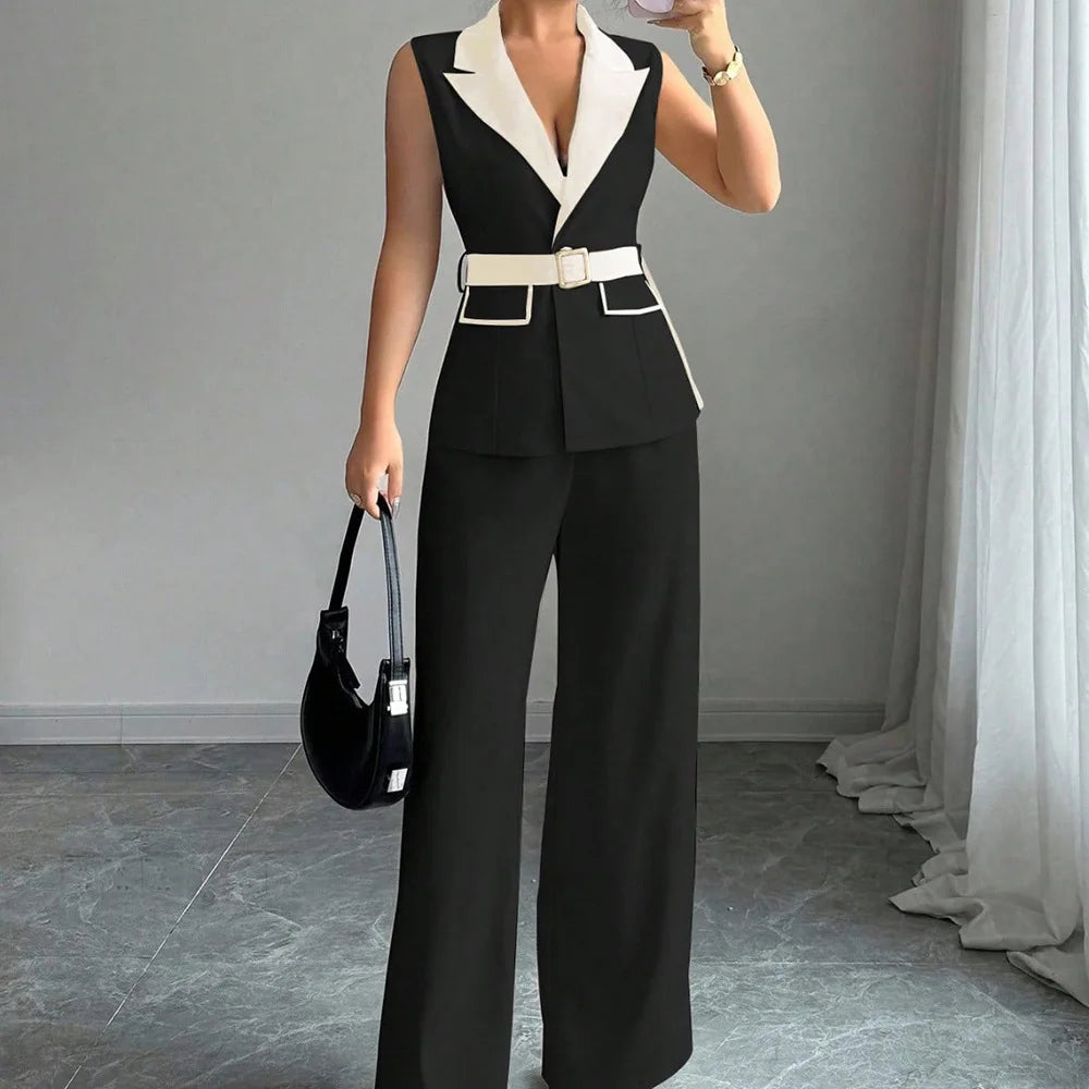 Women's Office Lady Ensemble Outfit Autumn Sleeveless Straight Leg Pants Set Classy Bandeau Elegant Style Top And Vest 2 Set