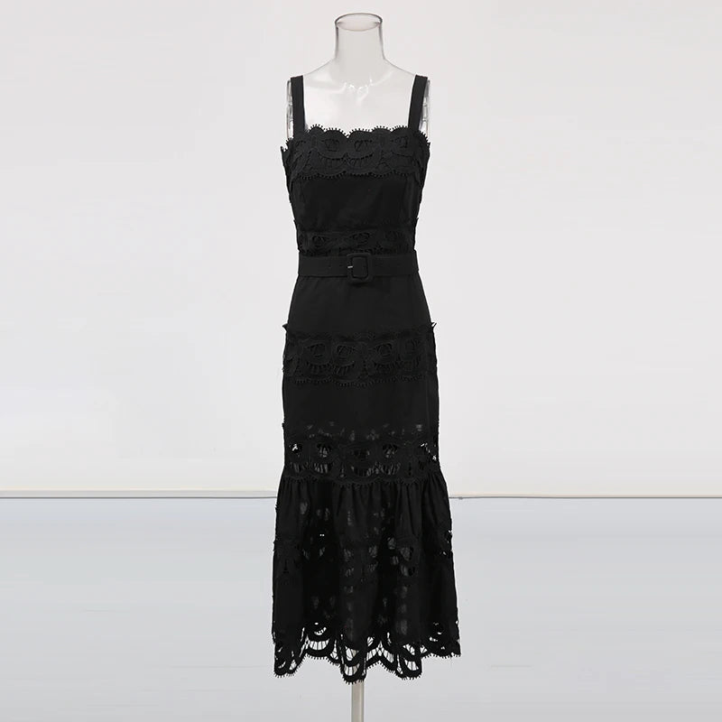 TWOTWINSTYLE Solid Hollow Out Elegant Dresses for Women Square Neck Sleeveless Patchwork Lace Dress Female Fashion Clothing New