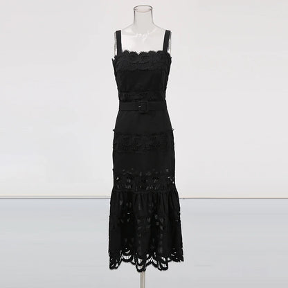 TWOTWINSTYLE Solid Hollow Out Elegant Dresses for Women Square Neck Sleeveless Patchwork Lace Dress Female Fashion Clothing New