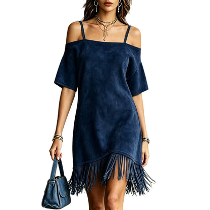 Casual Solid Color Suede Mini Dress Women Off Shoulder Spaghetti Strap Loose Fit Tassel Hem Elegant Daily Wear Chic Sundresses