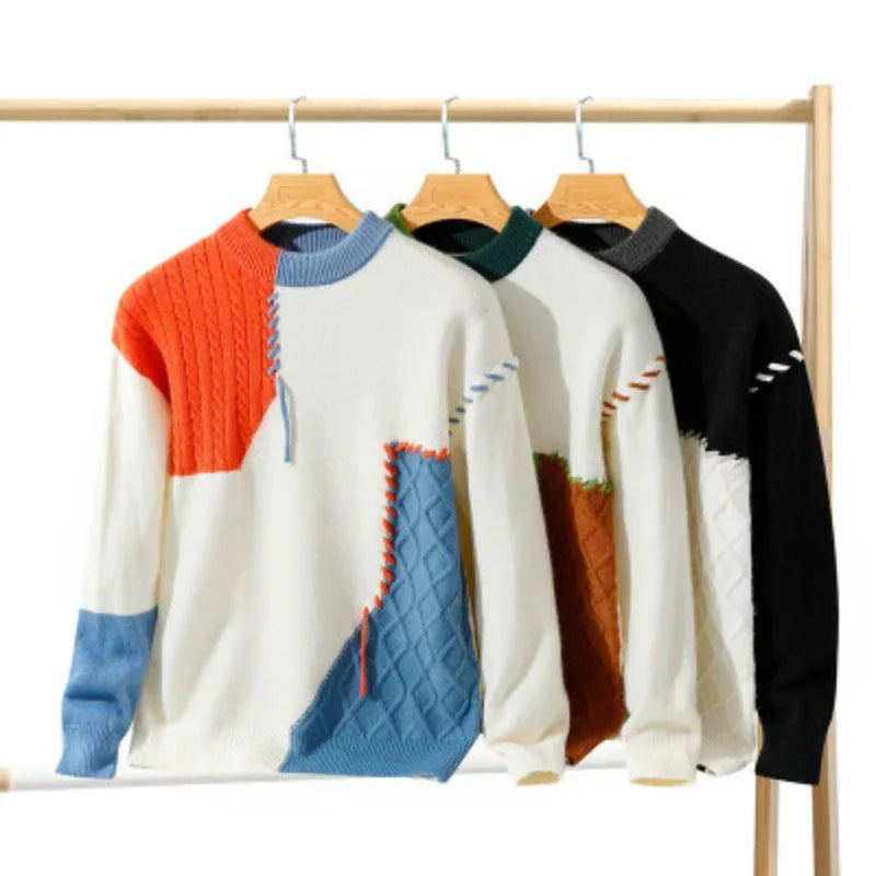 Men's Sweater Autumn Winter Men's Casual Lazy Style Sweater Crewneck Splicing Pullover Fashion Men's Home Wear Pajamas Casual