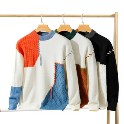 Men's Sweater Autumn Winter Men's Casual Lazy Style Sweater Crewneck Splicing Pullover Fashion Men's Home Wear Pajamas Casual