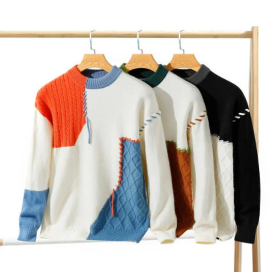 Men's Sweater Autumn Winter Men's Casual Lazy Style Sweater Crewneck Splicing Pullover Fashion Men's Home Wear Pajamas Casual