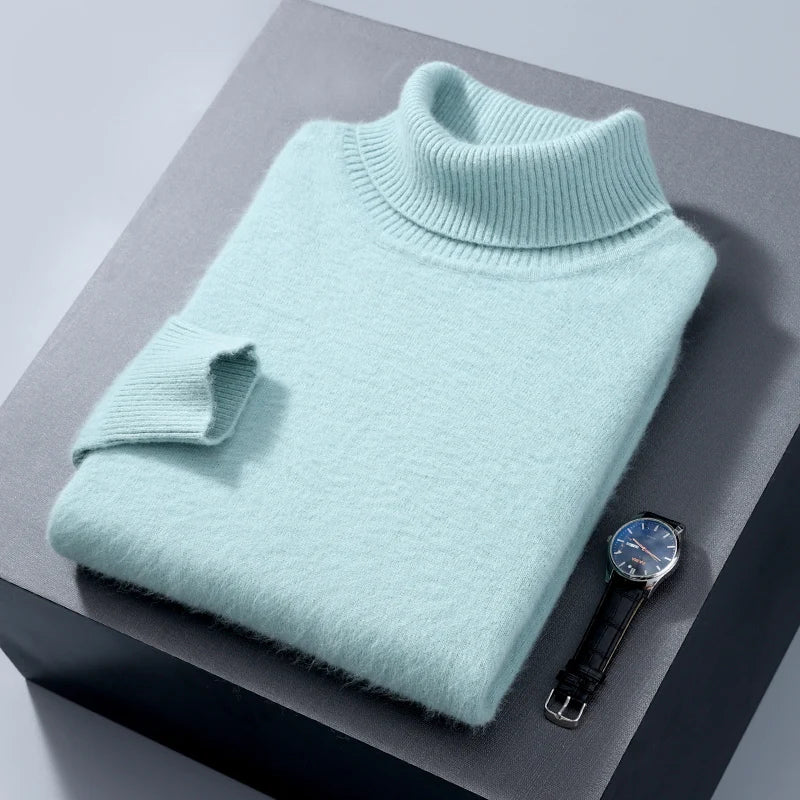 Autumn and Winter Men Loose Turtleneck 100% Mink Cashmere Sweater Men's Casual Thermal Pullover Solid Color Knit Plus-Size Top