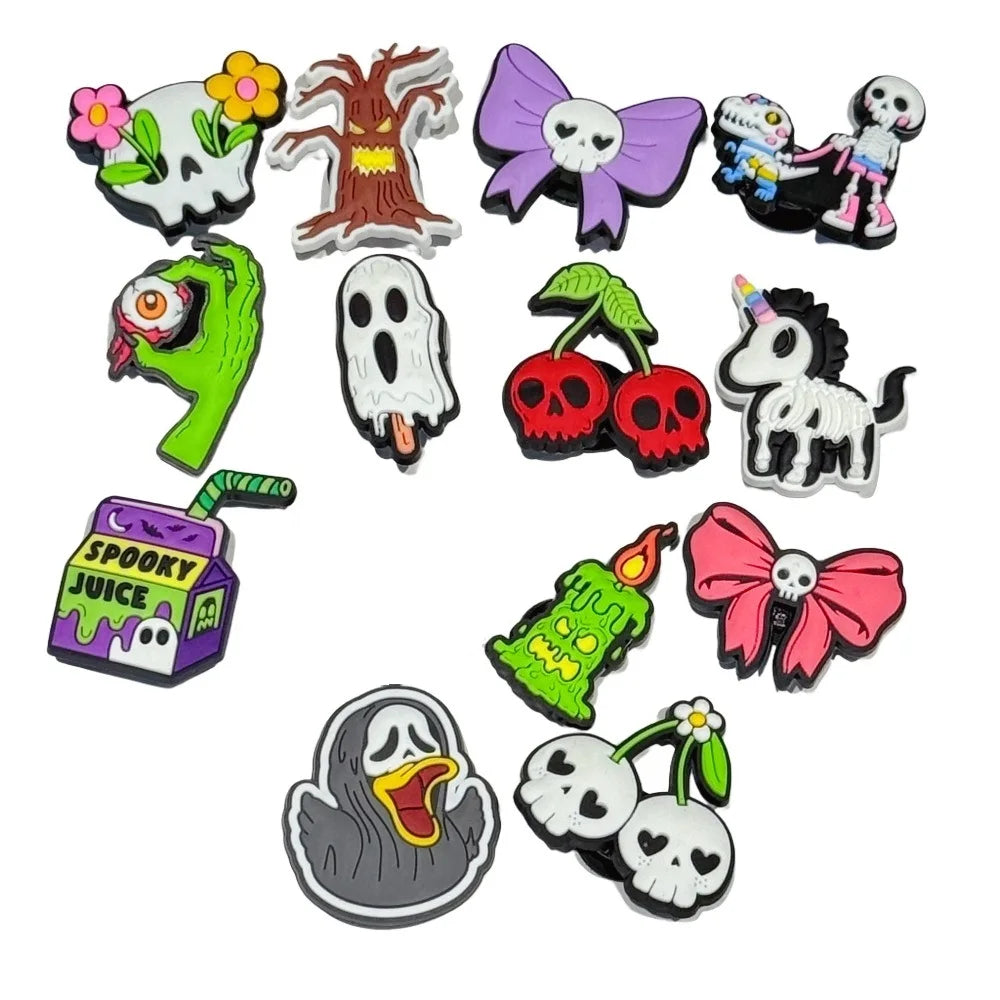 1-100pcs Cartoon Skull Tree Eye Cherry Horse Candle Juice PVC Shoe Button Charms Sandals Decorations DIY Backpack Halloween Gift
