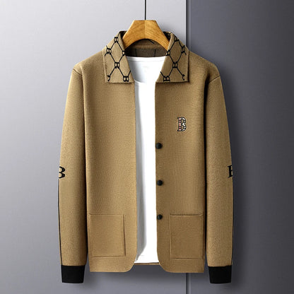 Luxury Brand Men's Autumn Winter Lapel Embroidered Sweater Coat Fashionable Business Three-dimensional Pocket Warm Knitted Jacke