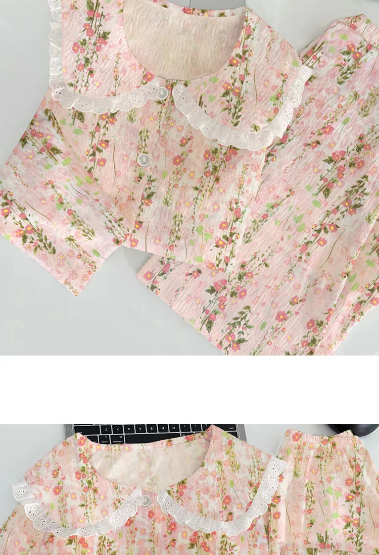 Cloud Cotton Sleepwear Set for Women Casual Spring Autumn Long Sleeve Long Pants Home Clothes  Plant Floral Print