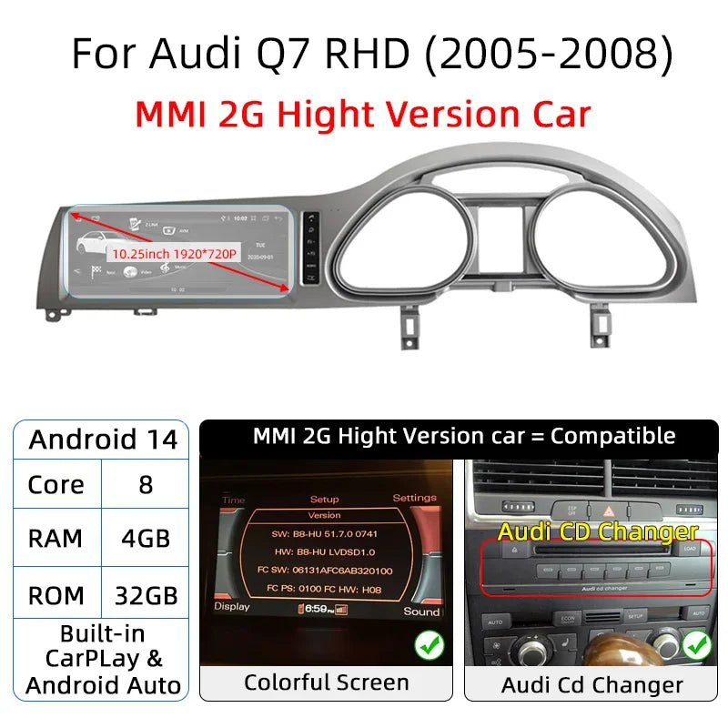 Android 14 Car Multimedia Player CarPlay For Audi Q7 4L RHD GPS Navigation Auto Radio Stereo DSP WIFI