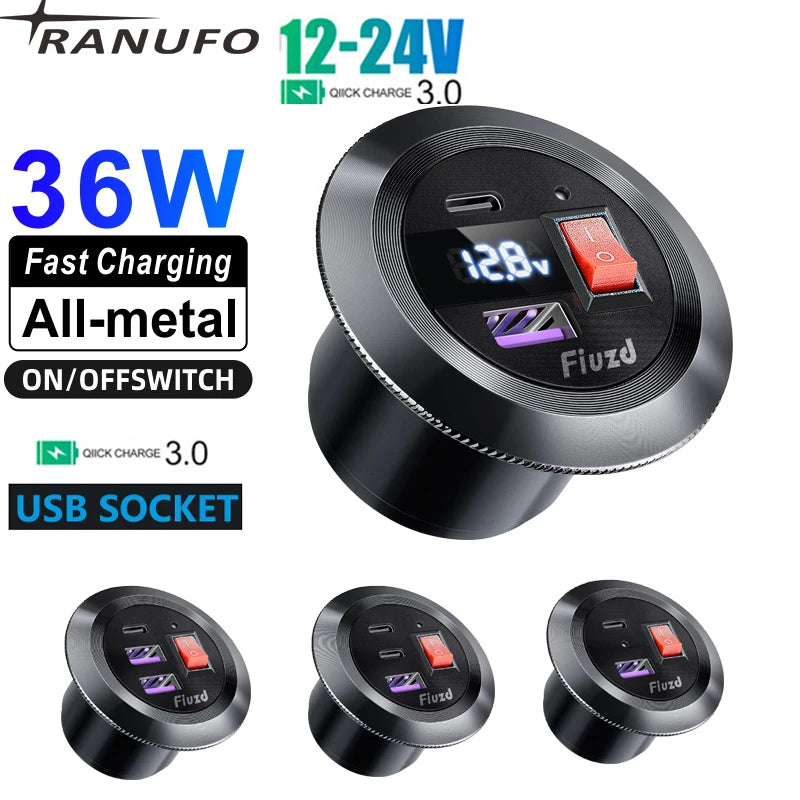Car Charger Socket PD3.0 & QC3.0 Double USB C Ports with LED Switch 54W Fast Charging 12V/24V For Moto Adapter