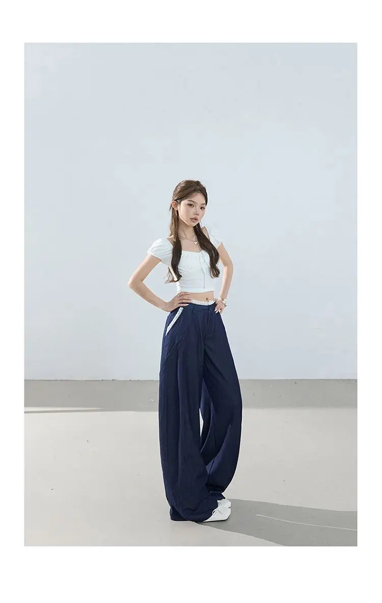 American-style retro loose wide-leg pants, lightweight curved pants, cool lace splicing, versatile casual pants for women