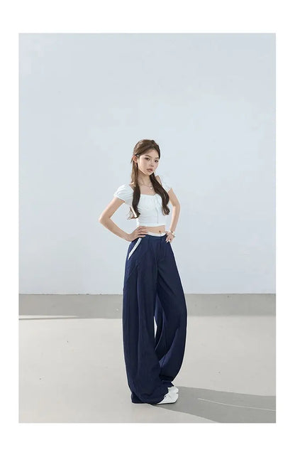 American-style retro loose wide-leg pants, lightweight curved pants, cool lace splicing, versatile casual pants for women