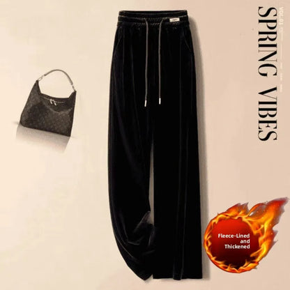 Fashionable Gold Velvet Wide Leg Pants Women's Winter Loose Slimming High Waist Fleece Casual Straight Long Trousers