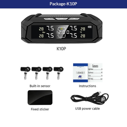 TPMS Car Tire Pressure Monitor System 4 Sensors Solar & USB Charging Intelligent Tyre Pressure Temperature Alarm Monitor