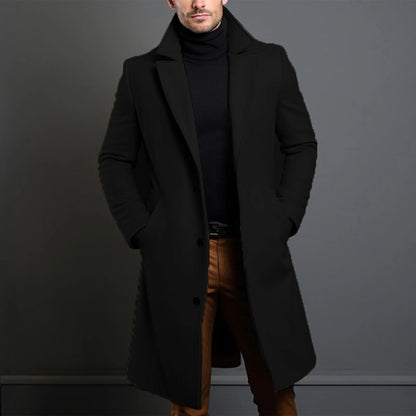 Men Elegant Long Trench Overcoat Single-breasted Windproof Trench Coat for Jeans Sweater Boots Matching
