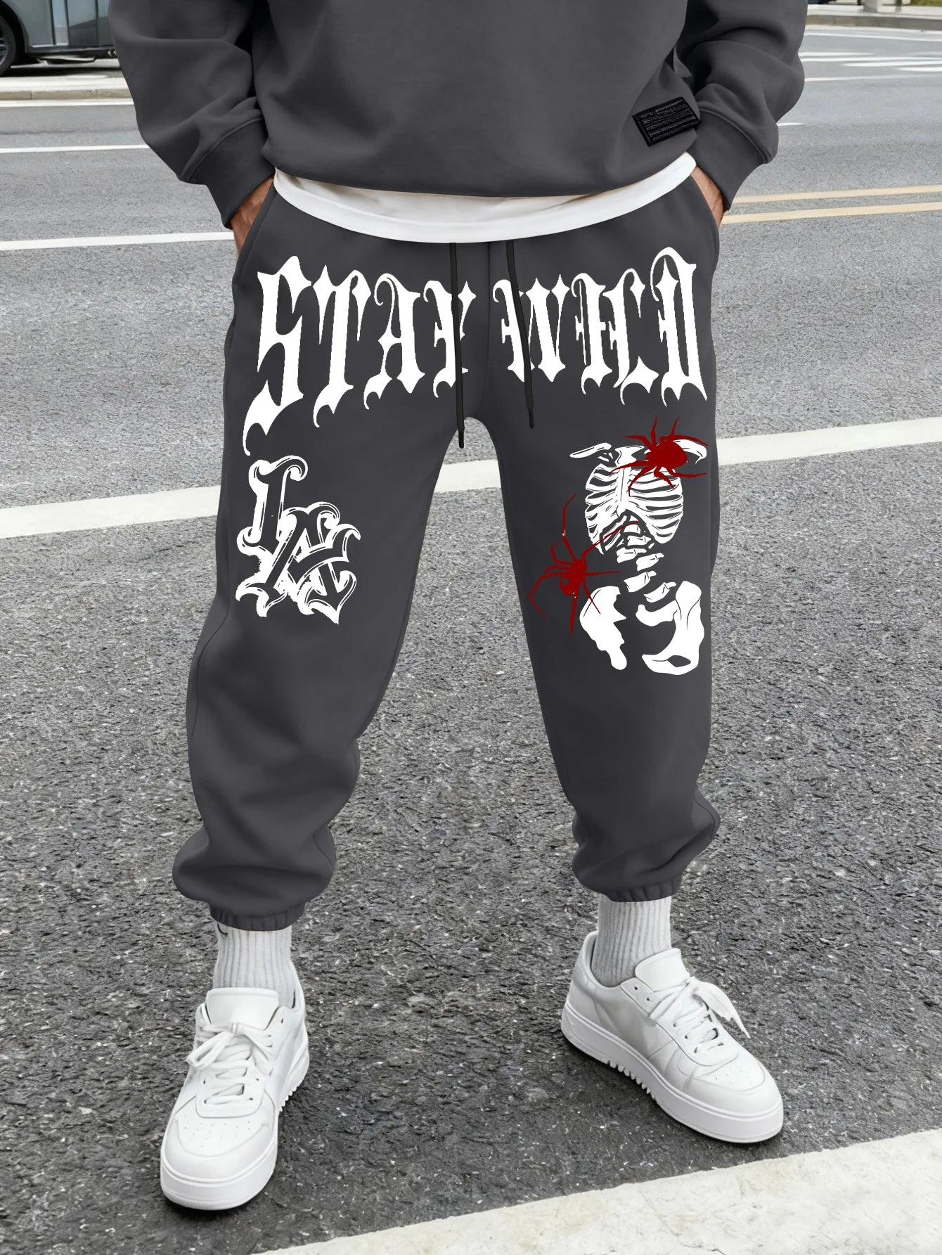 Men's Retro Dark Grunge Gothic Letter Skeleton Graphic Joggers Elastic Cuff Sweatpants Popular Vintage Streetwear Casual Pants