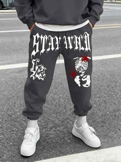 Men's Retro Dark Grunge Gothic Letter Skeleton Graphic Joggers Elastic Cuff Sweatpants Popular Vintage Streetwear Casual Pants