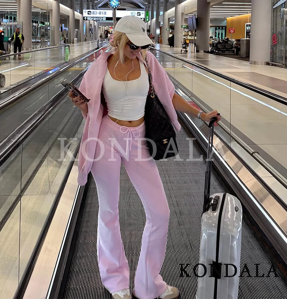 KONDALA Fall Women Elegant Pant Set Simple O-Neck Zipper Jacket, Slim Drawstring Flared Pants 2025 Spring Autumn Casual Lady Set