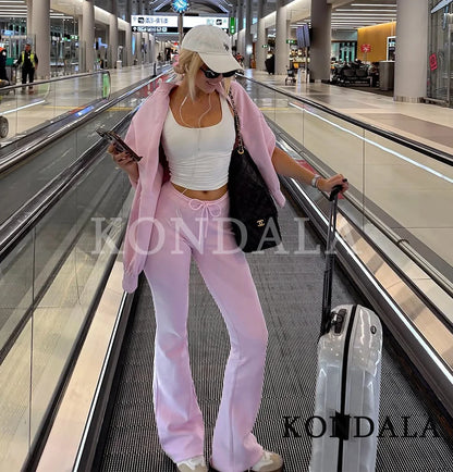 KONDALA Fall Women Elegant Pant Set Simple O-Neck Zipper Jacket, Slim Drawstring Flared Pants 2025 Spring Autumn Casual Lady Set