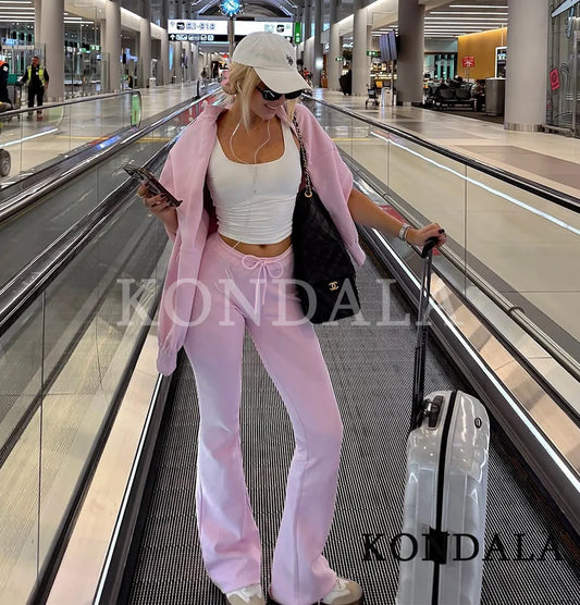 KONDALA Fall Women Elegant Pant Set Simple O-Neck Zipper Jacket, Slim Drawstring Flared Pants 2025 Spring Autumn Casual Lady Set