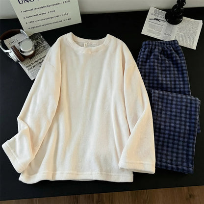 Men's Coral Fleece Pajamas Thickened Flannel Home Clothes Set Casual Loose Fit Autumn Winter Warm Sleepwear round Neck Sweats...