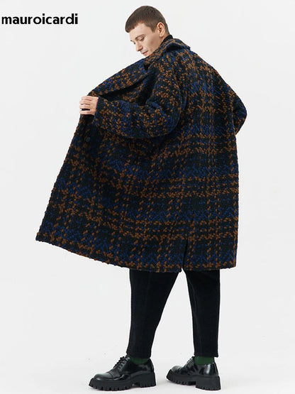 Mauroicardi Autumn Winter Long Loose Stylish Cool Thick Warm Plaid Tweed Woolen Coat Men Double Breasted European Fashion 2023