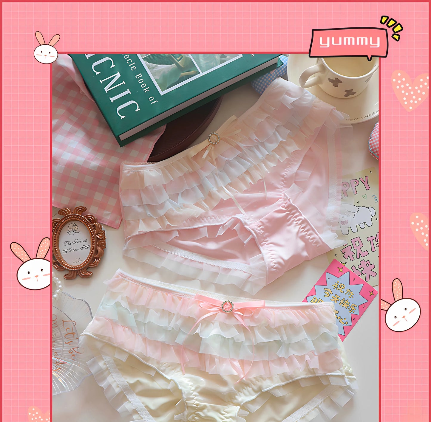 Japanese Style Lolita Princess Lingerie Set Women Pure Desire Cake Layer Lace Mesh Cotton Crotch Party Bra  Panty Set Soft Cute