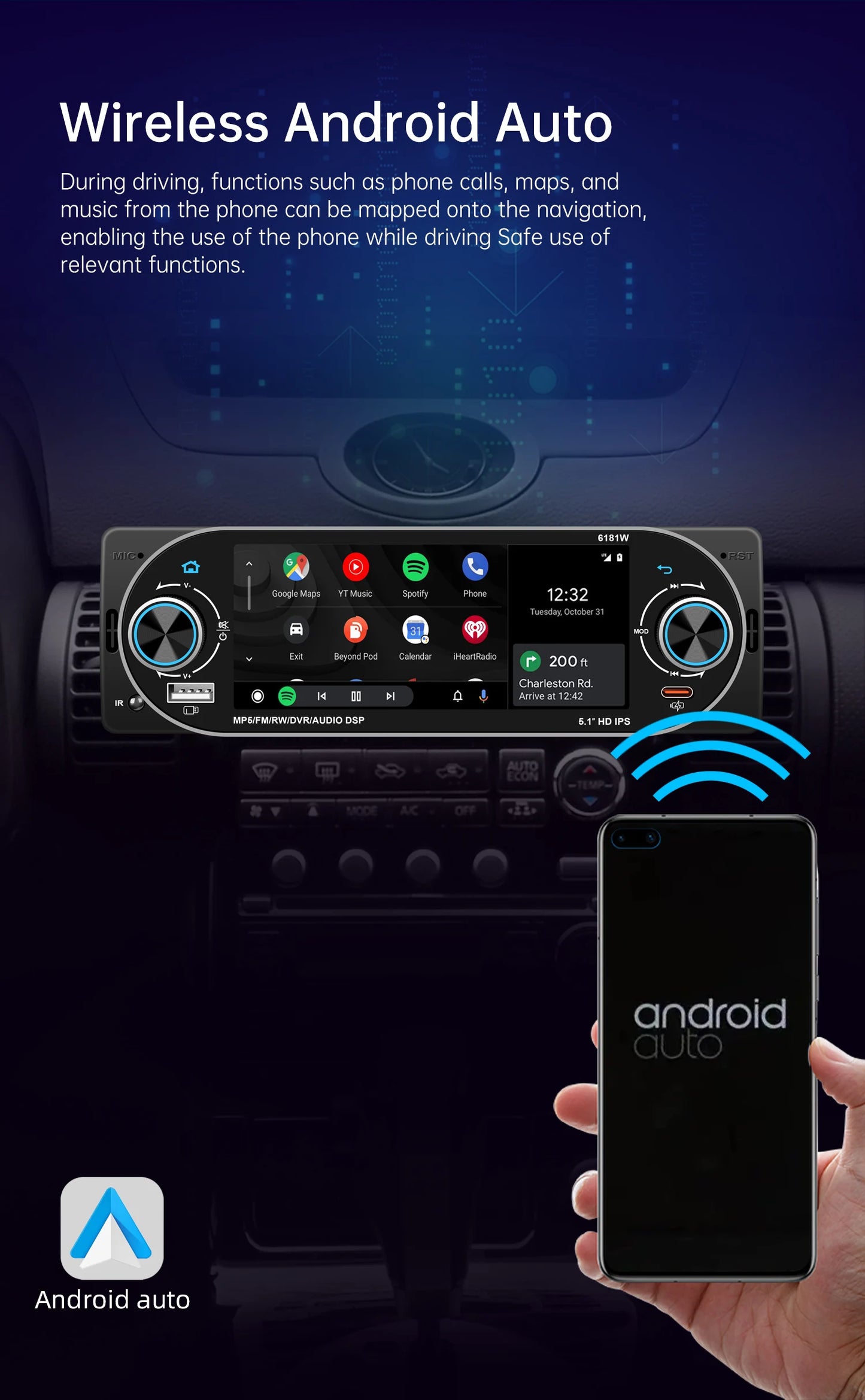 5.1Inch 1Din Car Radio MP5 IPS HD Player Support Wireless Carplay Android Auto Bluetooth FM AM RDS Stereo USB WIFI Video Player