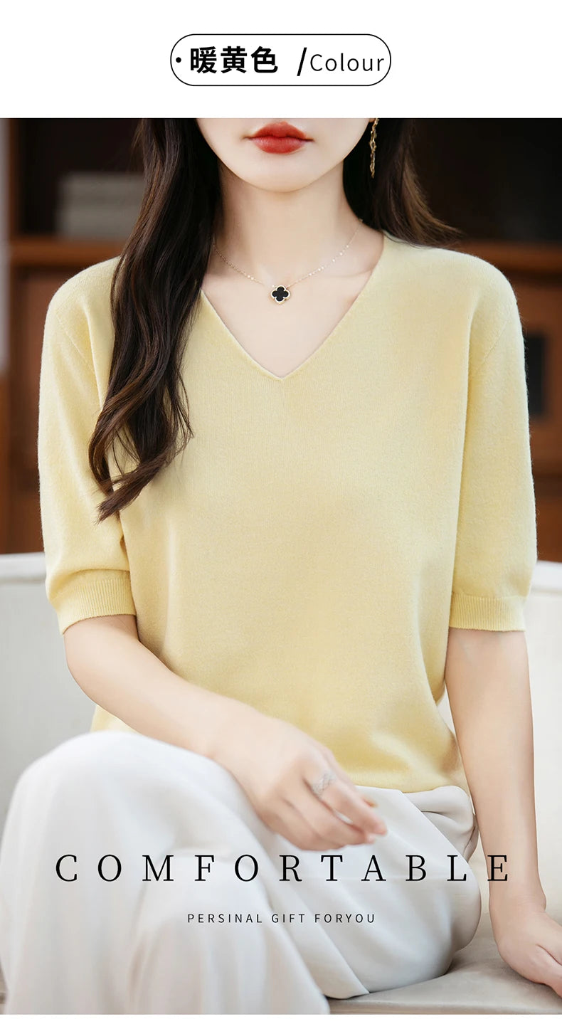 Thin Worsted Wool Short-Sleeved Women's Loose Round Neck T-shirt Printed Summer Fashion Knitted Bottoming Shirt Half-Sleeved