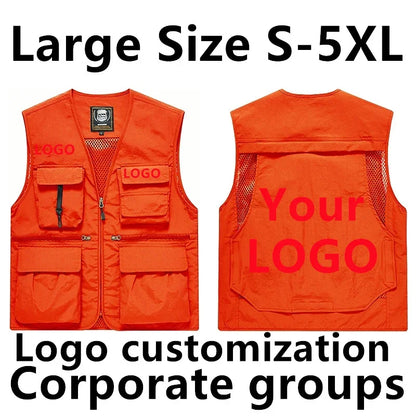 DIY Logo Custom Work Vest Multi Pocket Sleeveless Jacket Camping Big Size Men's Clothes  Plus Outerwear MAN Workwear LeisureY