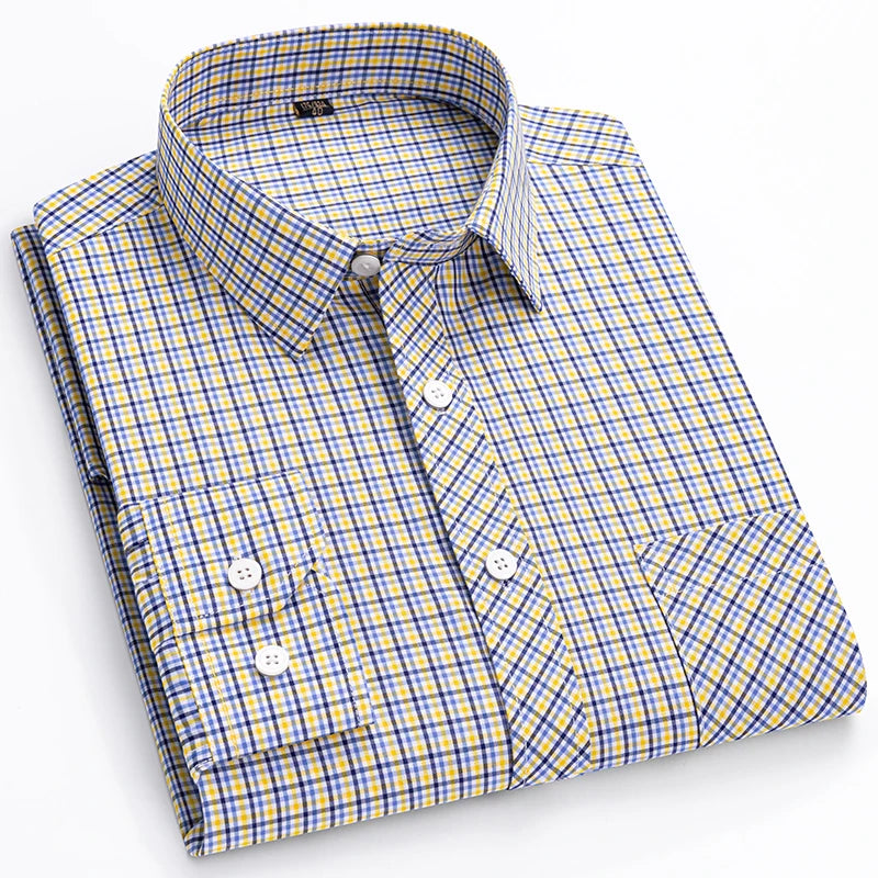 The New Men's Long-Sleeved Shirt Is Cool and Casual. It's a Thin, All-Cotton, Streetwear Checkered Style for Spring and Summer