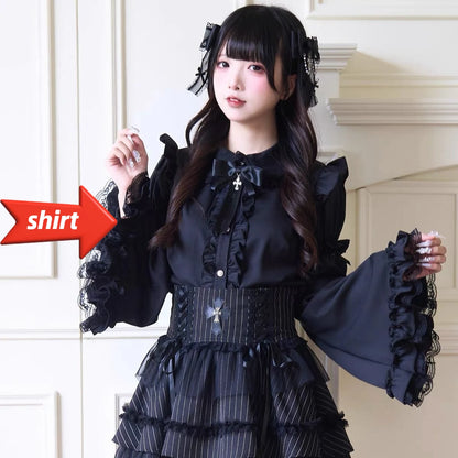 Jirai Kei Lolita Blouse Kawaii Top Women Cute Japanese Style Shirt with Bow Y2K Elegant Long Sleeve Sweet Casual Aesthetic Tops