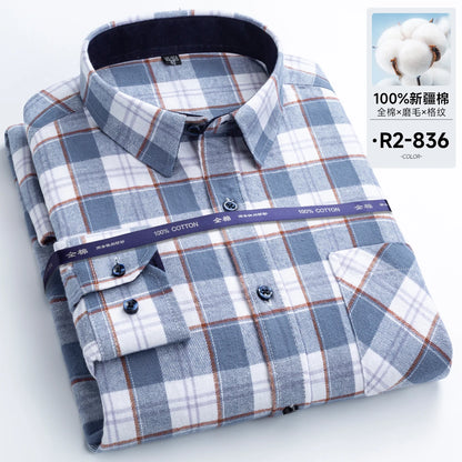 Men's long-sleeved cotton jersey checked shirt - suitable for daily work in all seasons, featuring fashionable style.