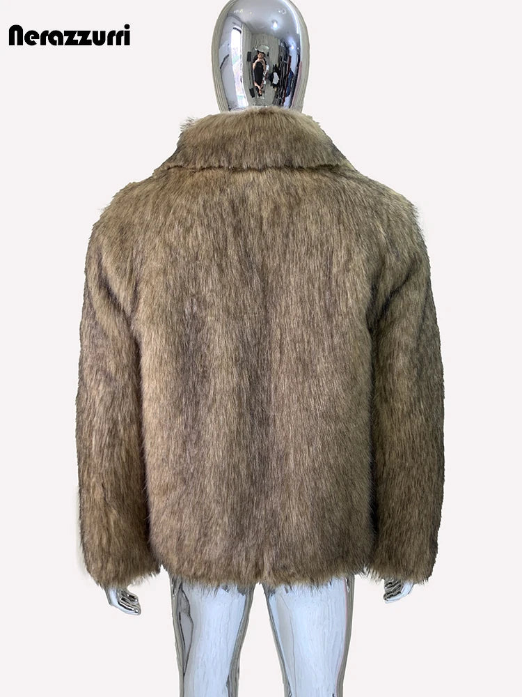 Nerazzurri Winter Short Thickened Warm Soft Hairy Shaggy Fluffy Faux Fox Fur Coat Men Long Sleeve Turn-down Collar Fluffy Jacket