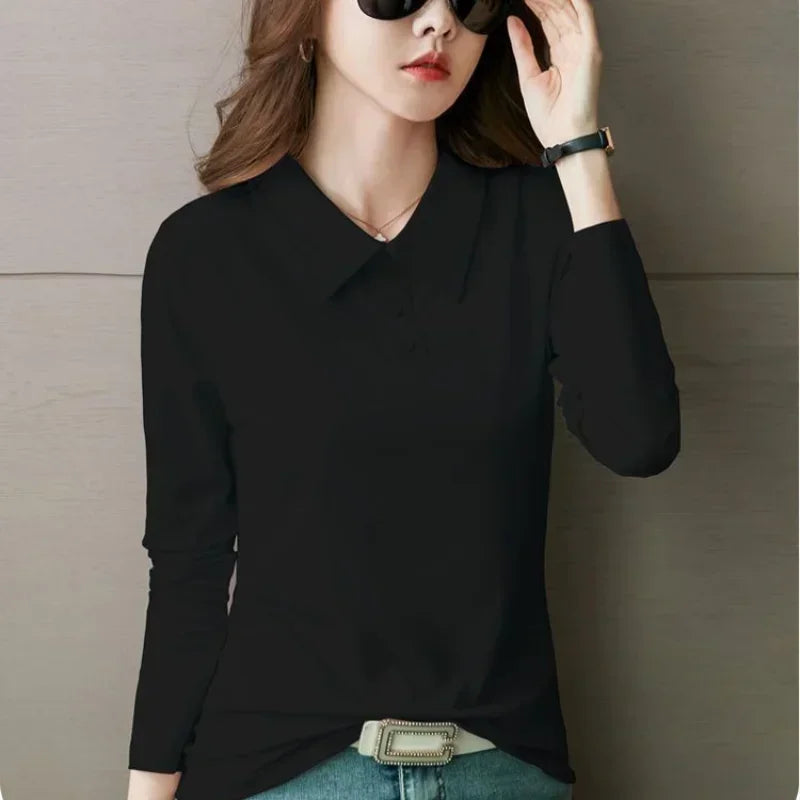 High Quality T-shirts 100℅ Cotton Female Tee Long Sleeve With Collar Korean Popular Clothes Basic Pretty Original Women's Polo